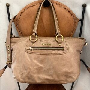 Miu Miu Taupe Leather Satchel with Gold Hardware